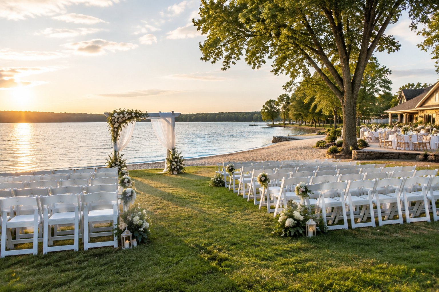 An elegant outdoor wedding ceremony beside a calm lake with white chairs, floral arrangements, and a waterfront reception area.