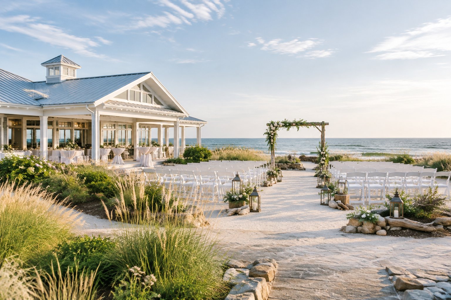 Elegant coastal wedding venue with white ceremony chairs, dune grass, and the ocean in the background.