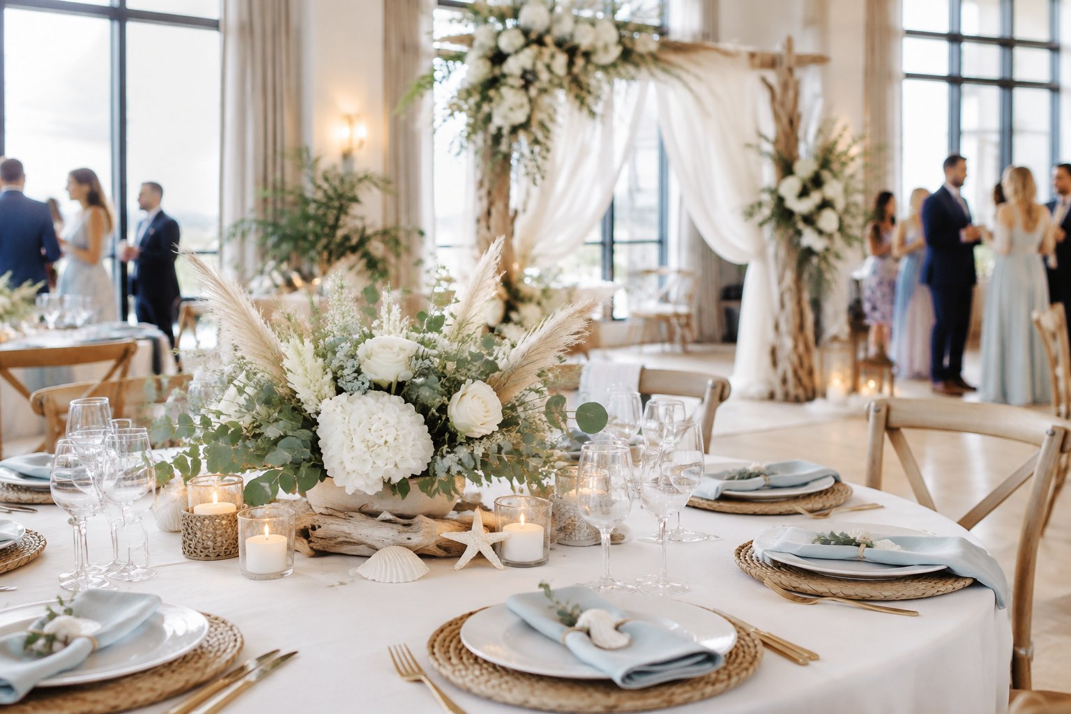 Elegant indoor wedding reception decorated with soft coastal colors, white flowers, greenery, and driftwood-inspired details.