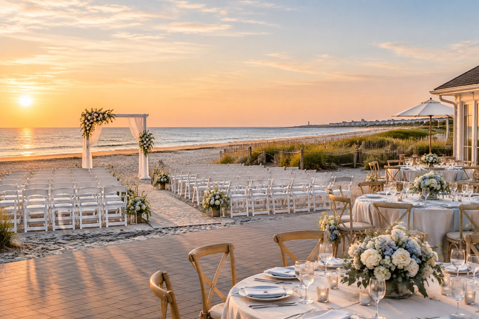 An elegant beach wedding venue near Rehoboth with white chairs, floral decor, reception tables, and an ocean backdrop.