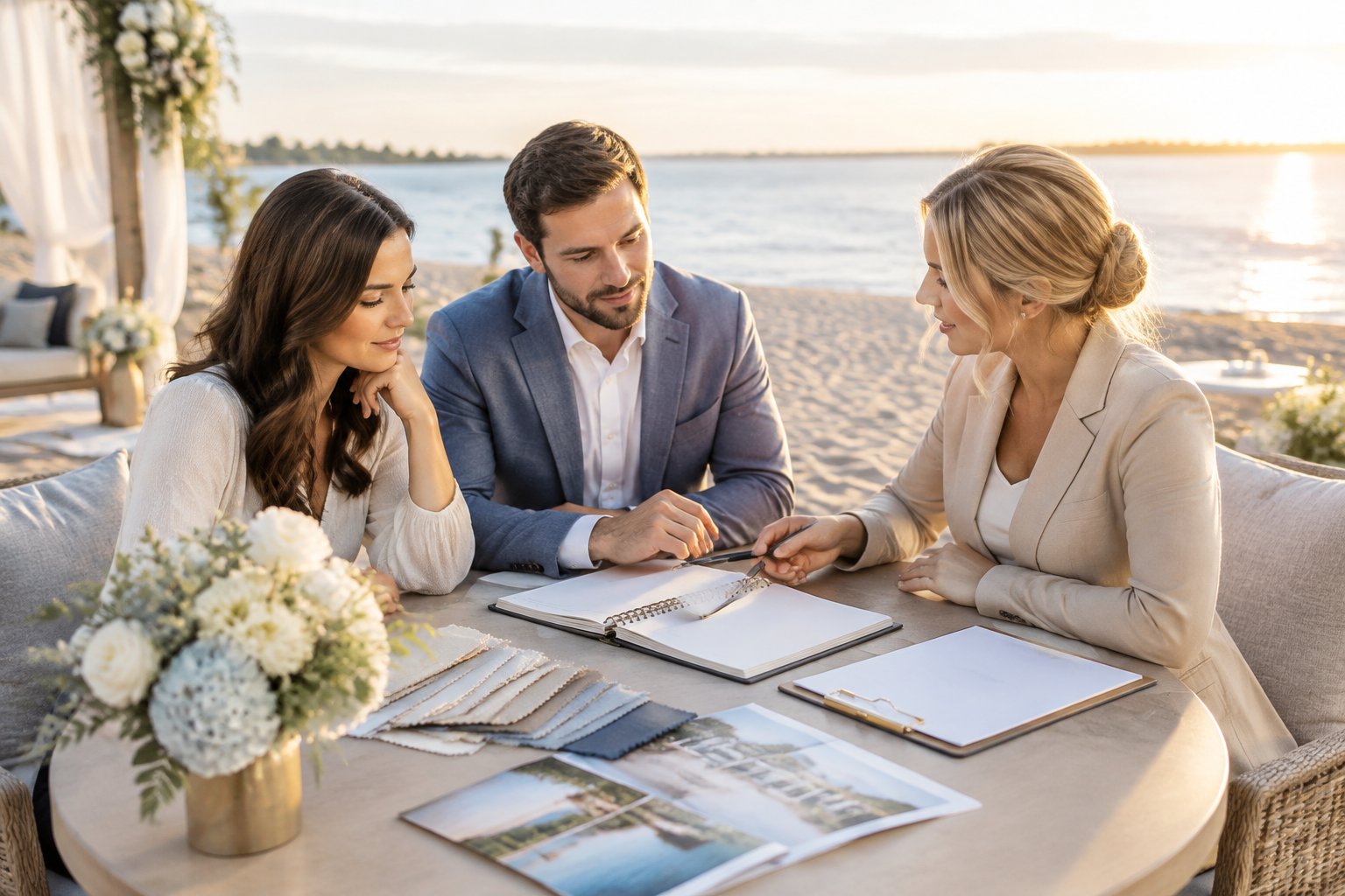 A couple discusses wedding venue details with a planner at a table beside a sandy beach.