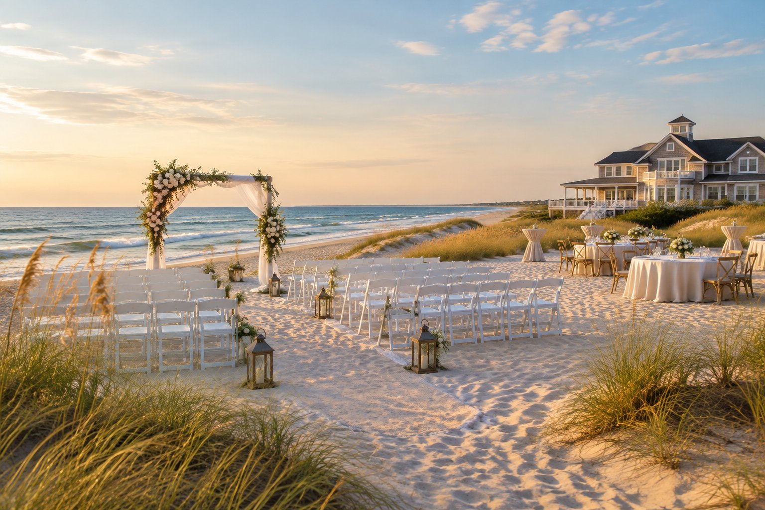 An elegant wedding ceremony setup on a sandy East Coast beach beside a coastal venue and the ocean.