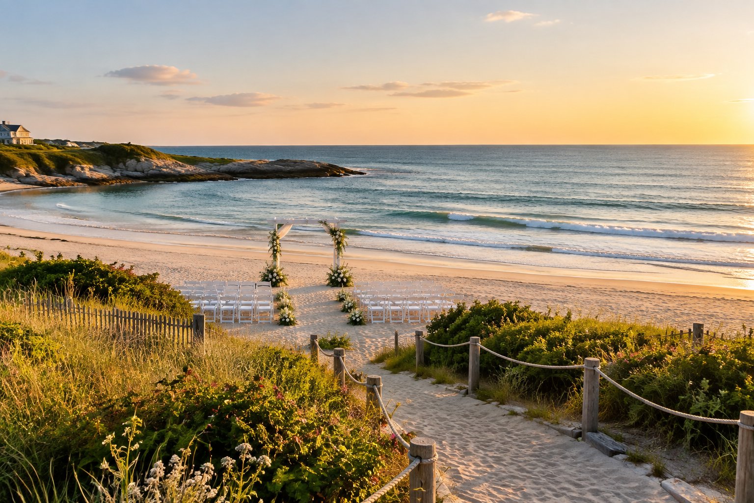 Elegant beach wedding setup overlooking a sandy Atlantic shoreline with gentle waves and coastal dunes.