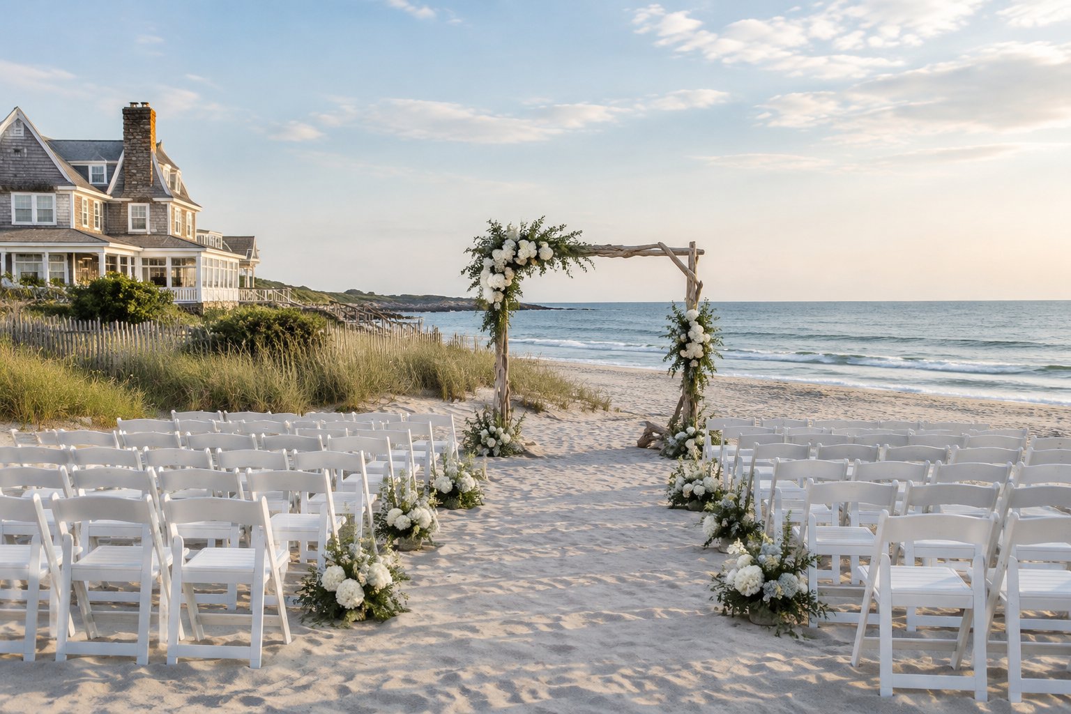 A seaside wedding ceremony setup with white chairs and a floral arch on a New England beach.