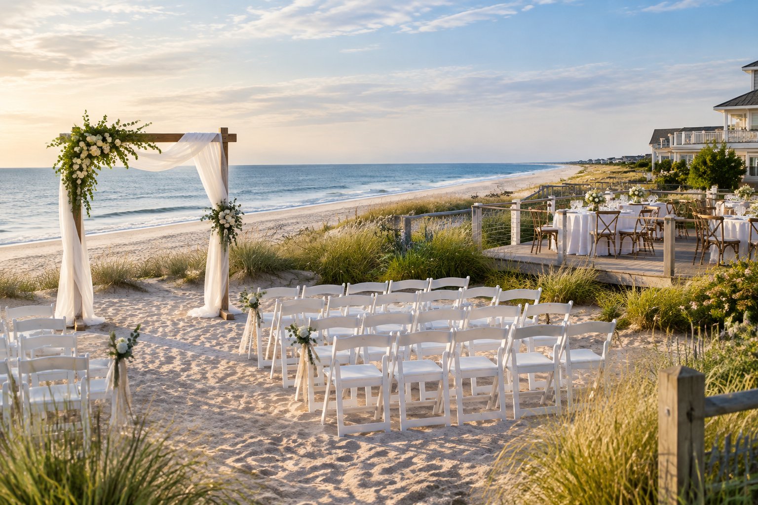 An elegant seaside wedding ceremony and reception setup on a Mid-Atlantic beach.