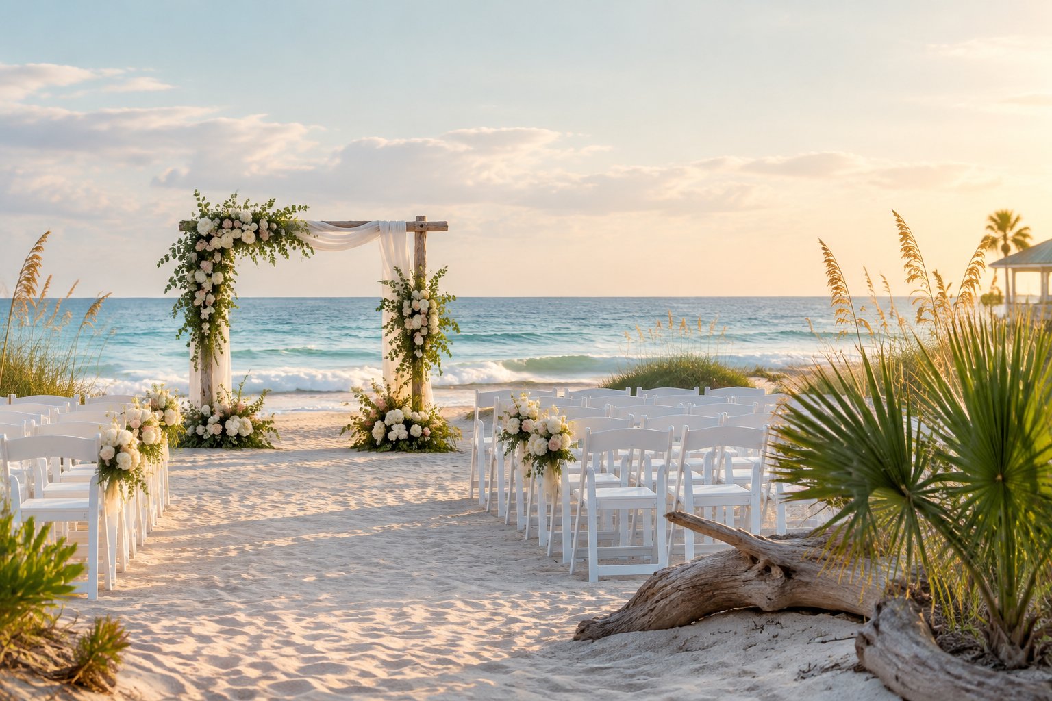A seaside wedding ceremony setup with white chairs, a floral arch, and turquoise ocean waves.