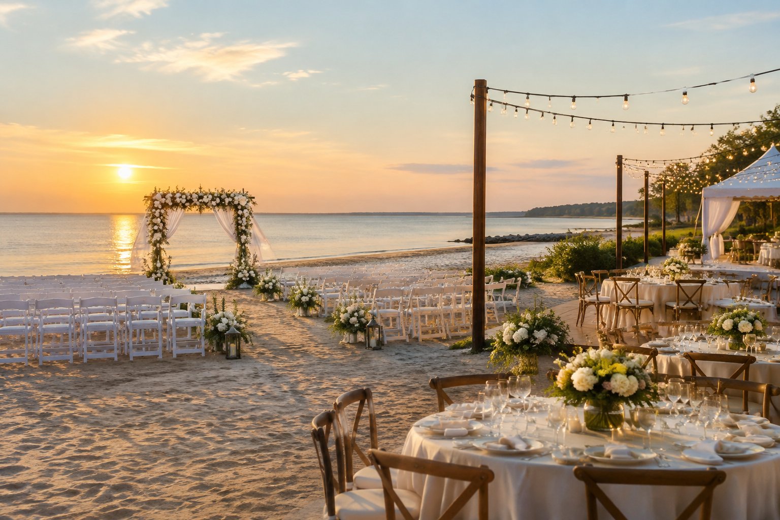 An elegant outdoor wedding setup on a sandy shoreline with a floral arch, white chairs, decorated tables, and calm water in the background.