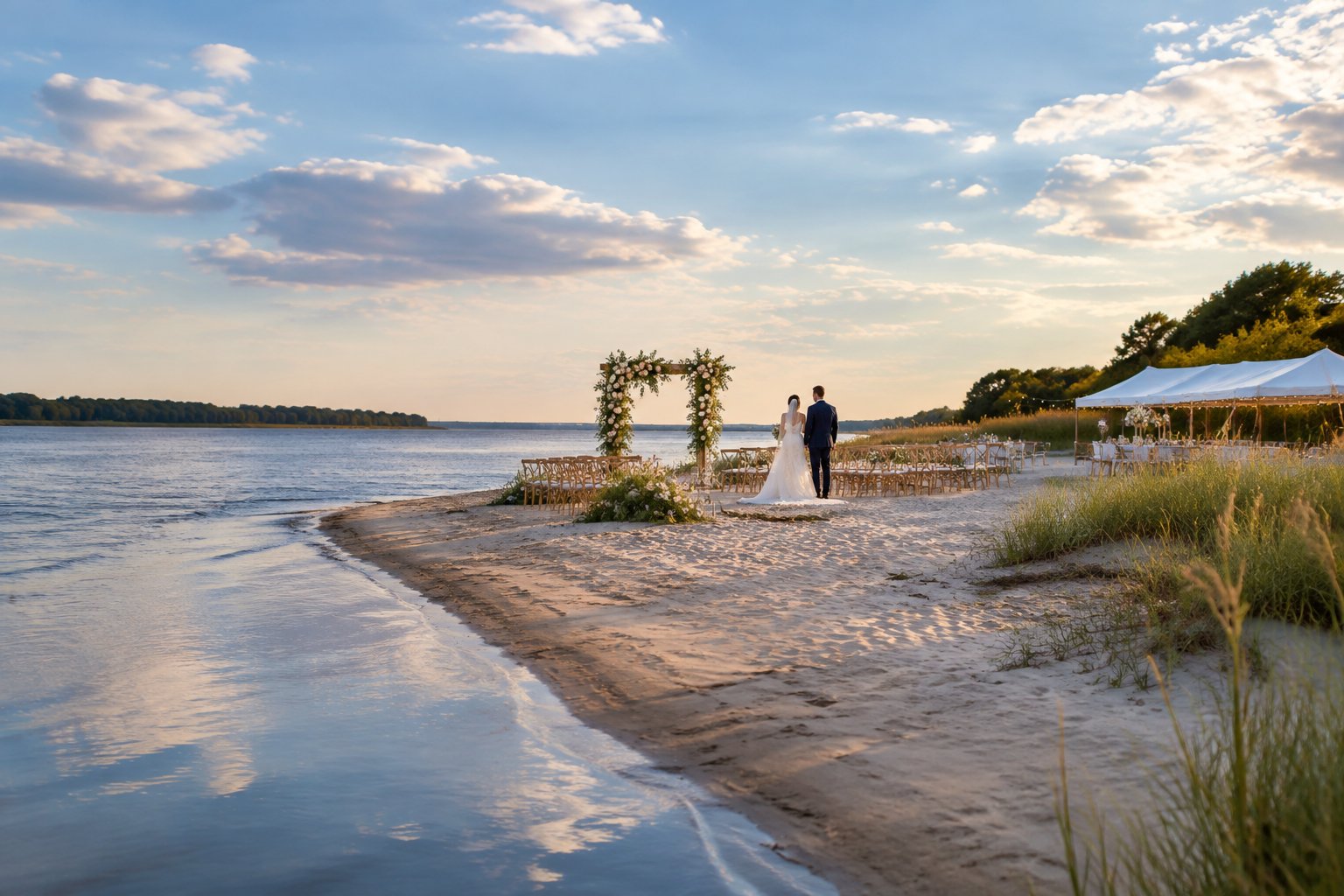An outdoor wedding ceremony arranged on a sandy shoreline beside calm water.