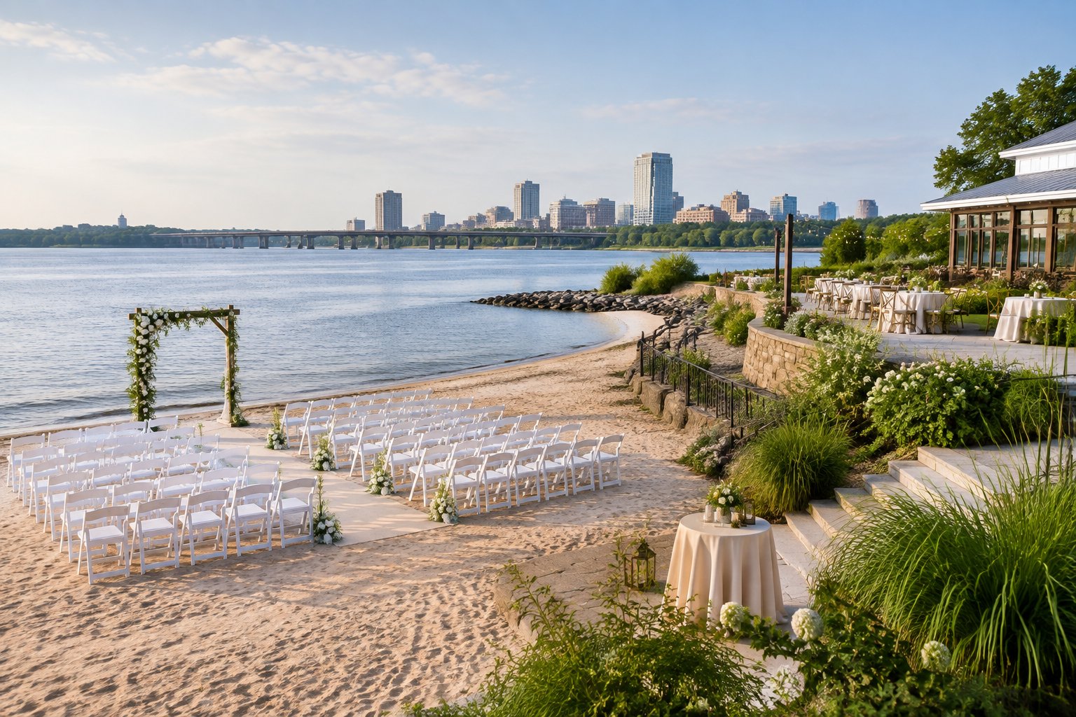 An elegant waterfront wedding setup beside a sandy shoreline with chairs, flowers, greenery, and calm blue water.