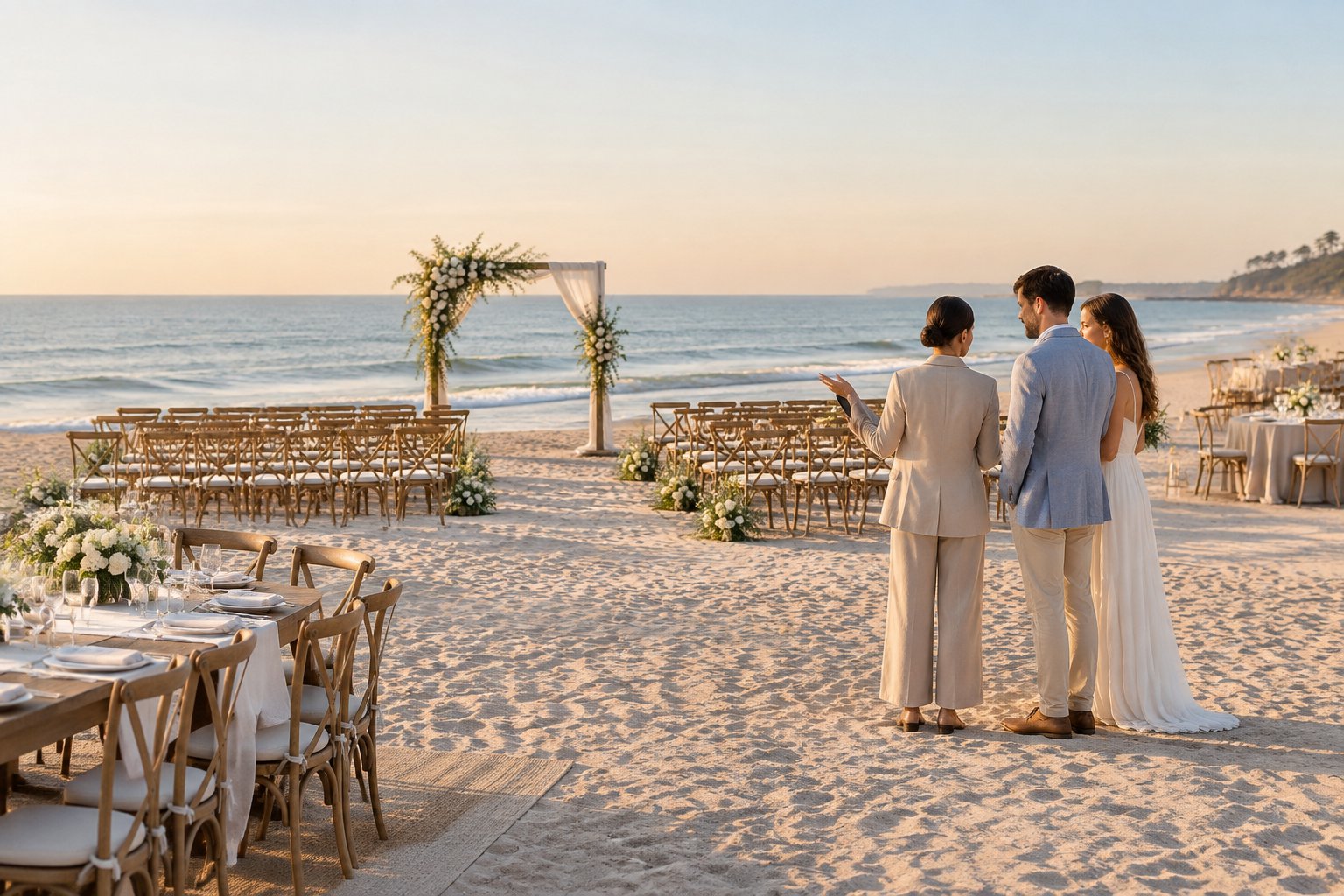 A couple and wedding planner review an elegant beach wedding setup with seating, flowers, and reception tables beside the ocean.