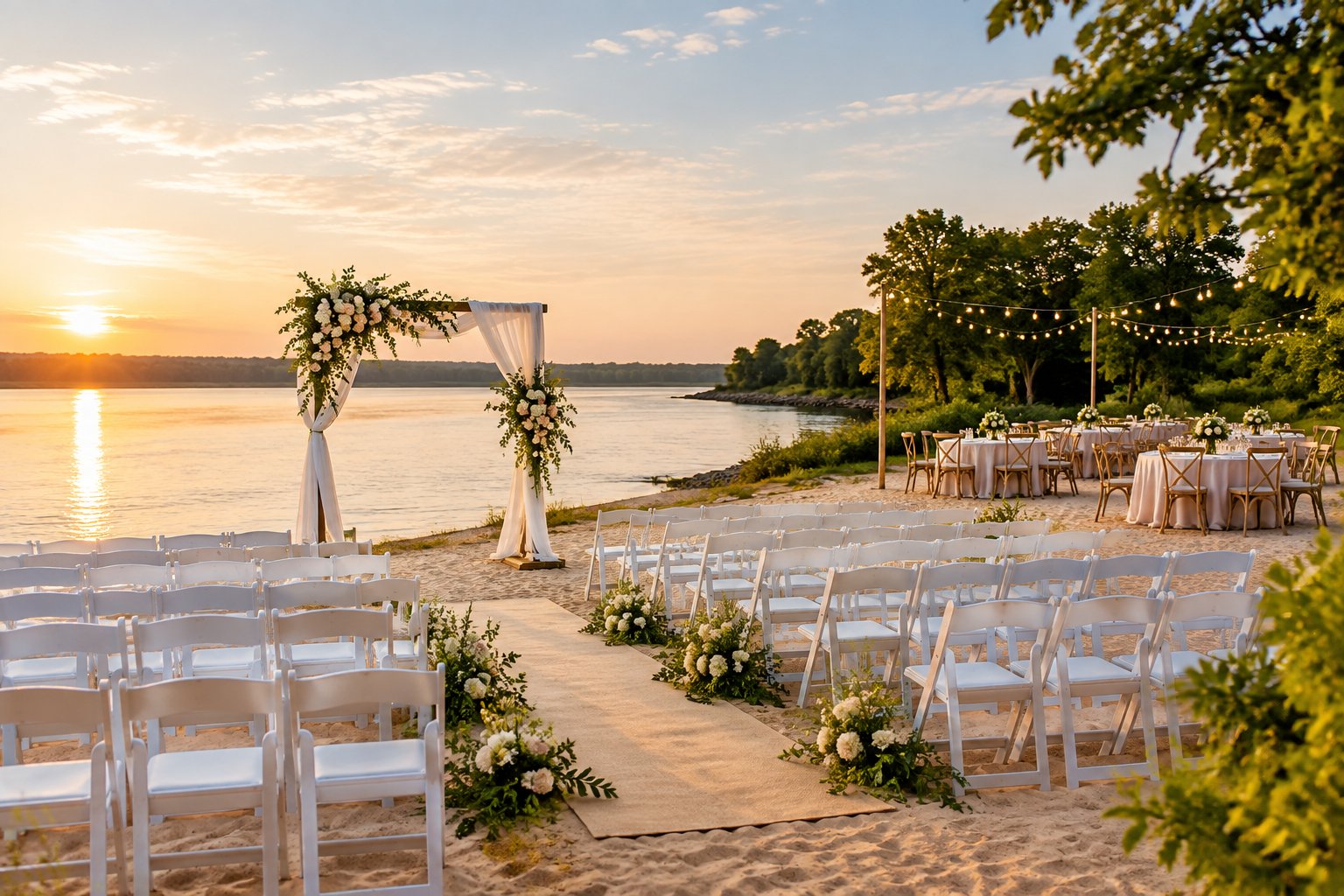 Elegant wedding ceremony setup on a sandy waterfront overlooking calm river water.