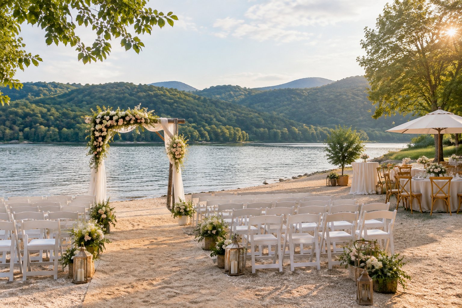 An elegant lakeside wedding ceremony with a flower-decorated arch, white chairs, and green hills in the background.
