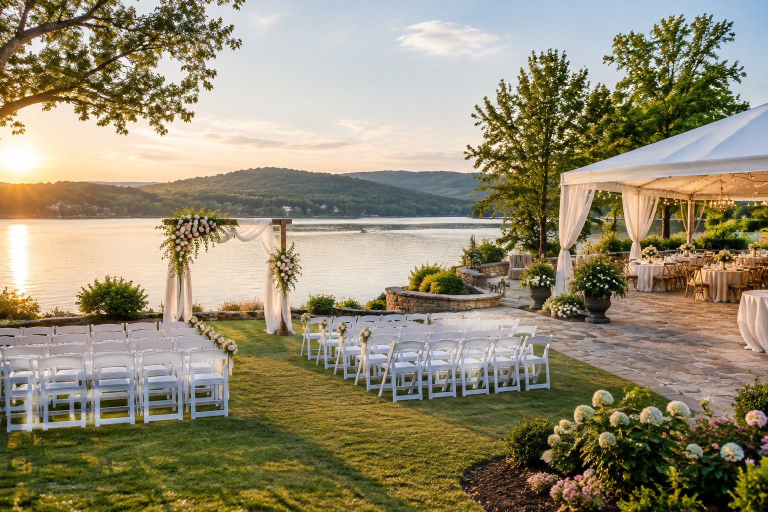 Elegant outdoor wedding setup beside a calm lake near Knoxville.