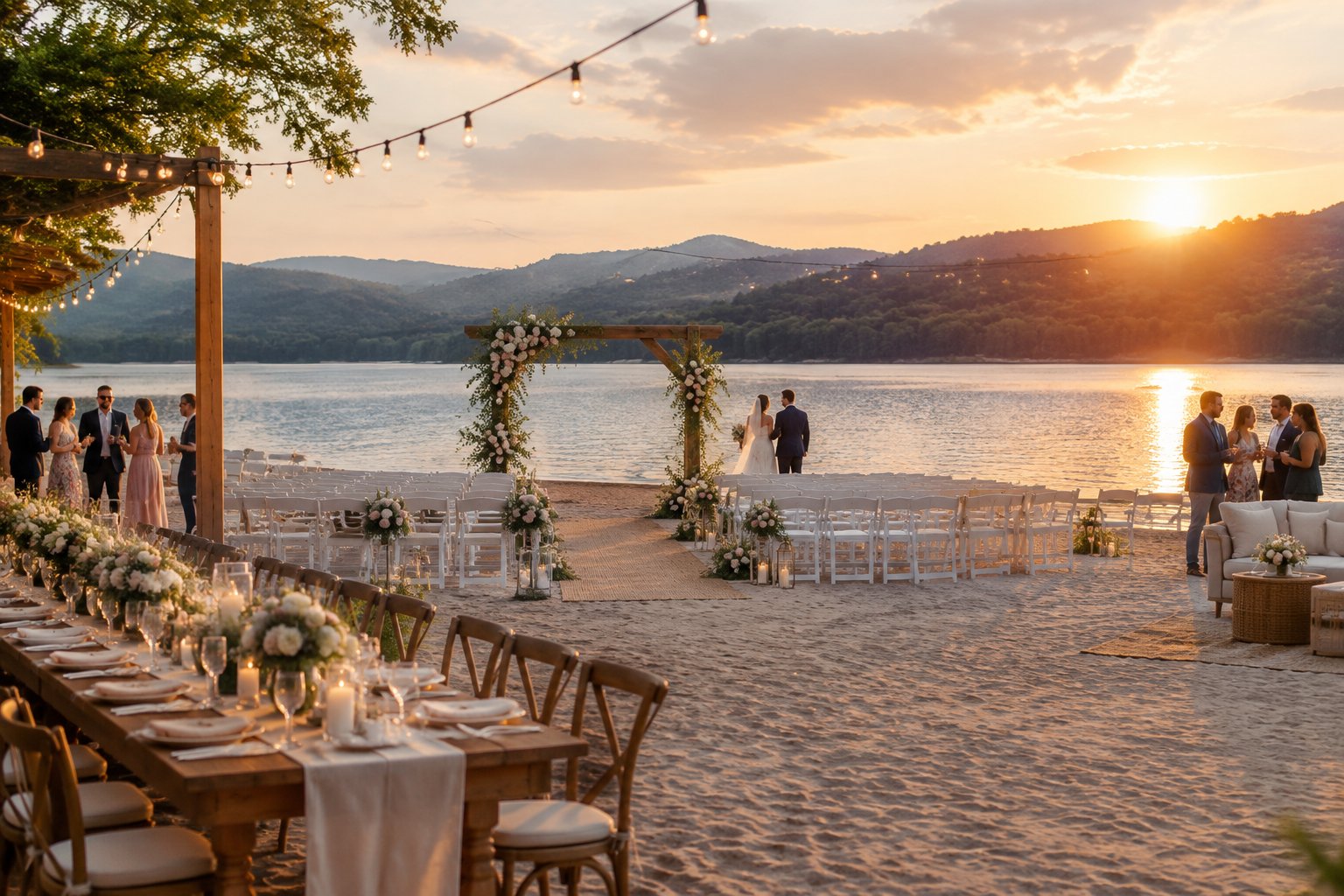 An elegant lakeside beach wedding setup with white chairs, floral decor, and wooded hills in the background.
