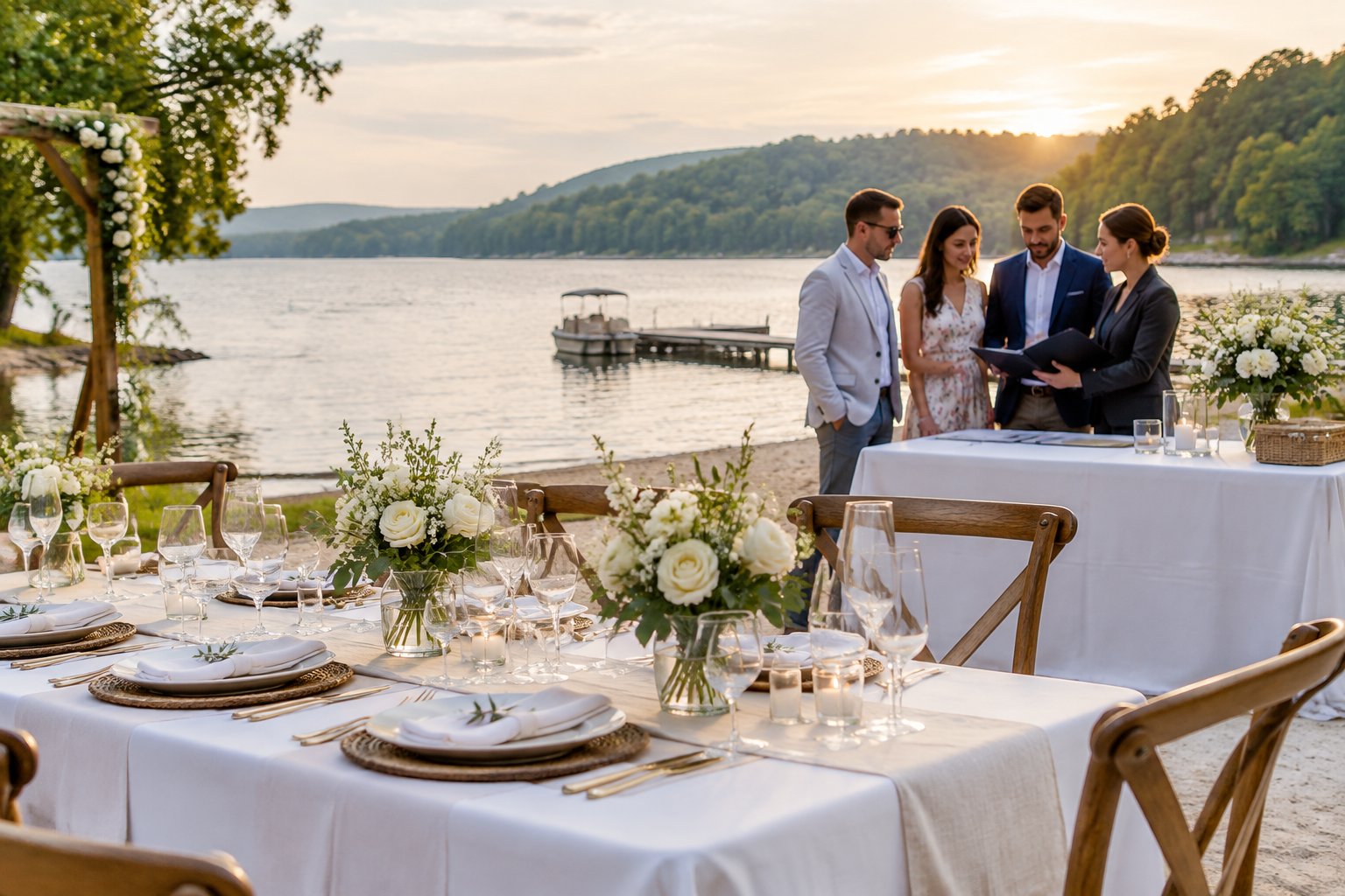 An elegant lakeside wedding reception setup with guests and a coordinator near the shoreline.