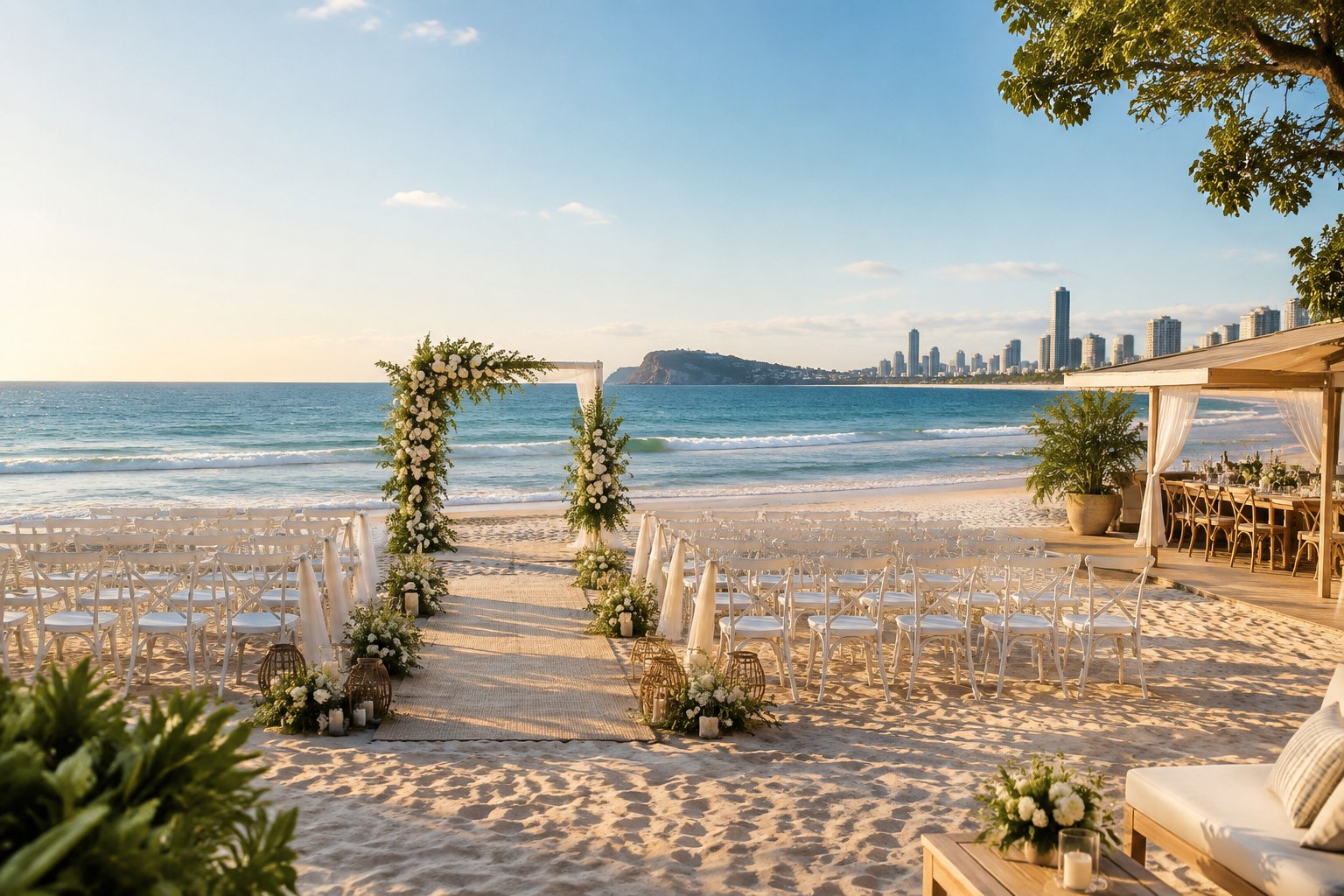 An elegant wedding ceremony setup on a sandy Gold Coast beach beside the ocean.