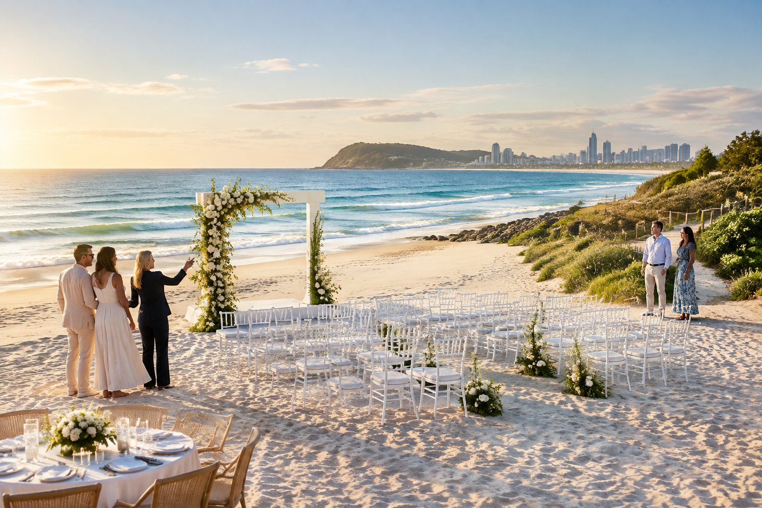 A couple and venue coordinator assess an elegant beach wedding setting on the Gold Coast beside the ocean.
