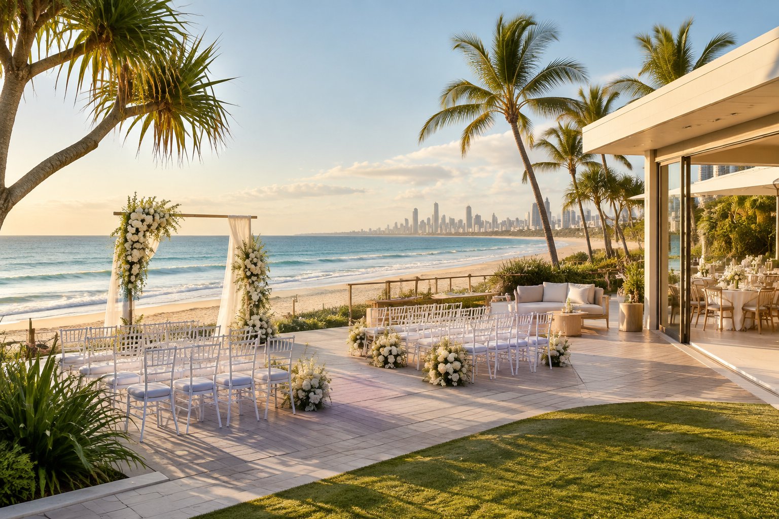 An elegant beachfront wedding ceremony setup overlooking the ocean on the Gold Coast.