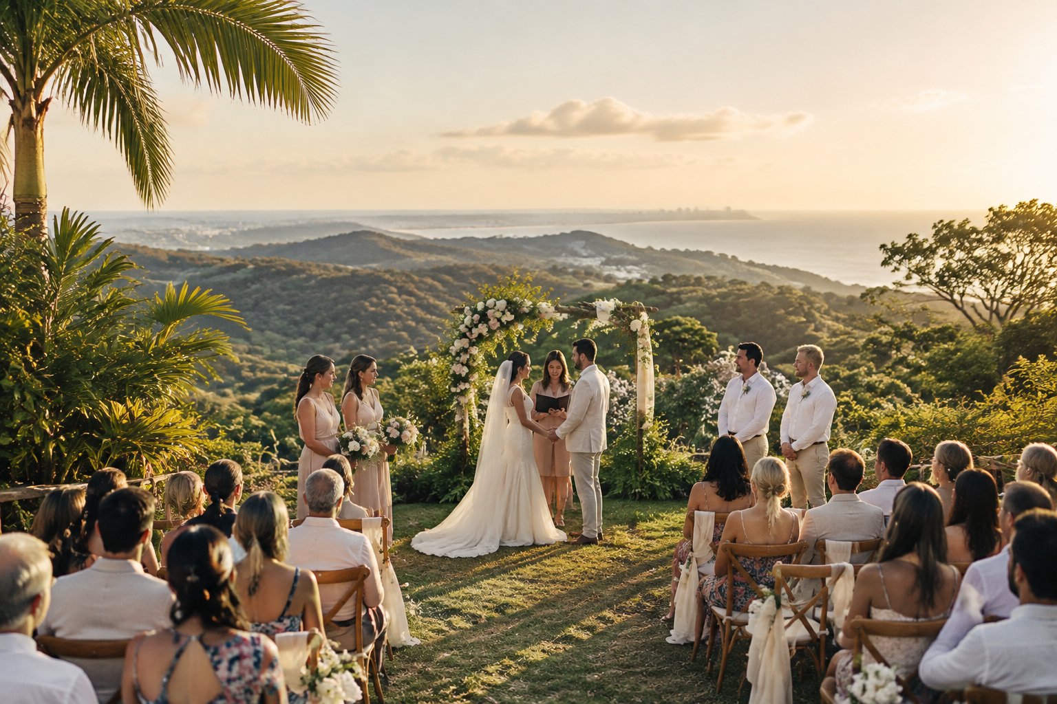 A wedding ceremony in a lush coastal hinterland garden overlooking green hills and the ocean.