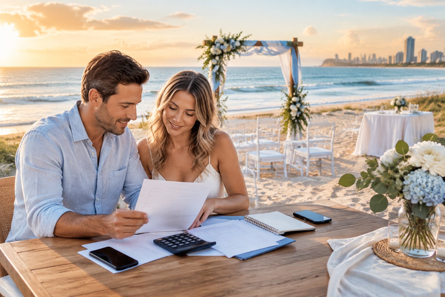 A couple reviews wedding budget materials beside an elegant beach ceremony setup on the Gold Coast.