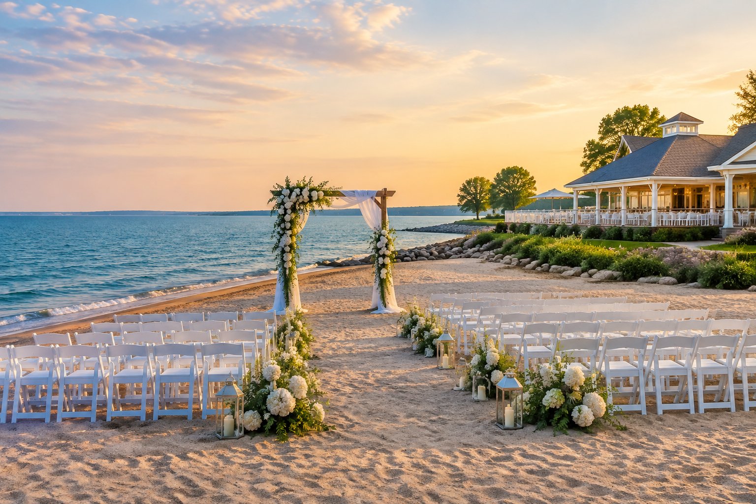 An elegant wedding ceremony setup on a sandy Lake Ontario beach with white chairs, a floral arch, and a waterfront venue.