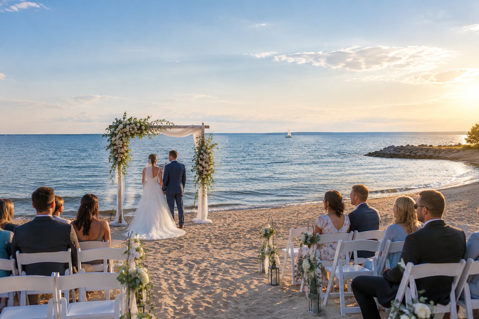 A wedding ceremony setup on a sandy Lake Ontario beach with white chairs, floral decorations, and calm blue water.