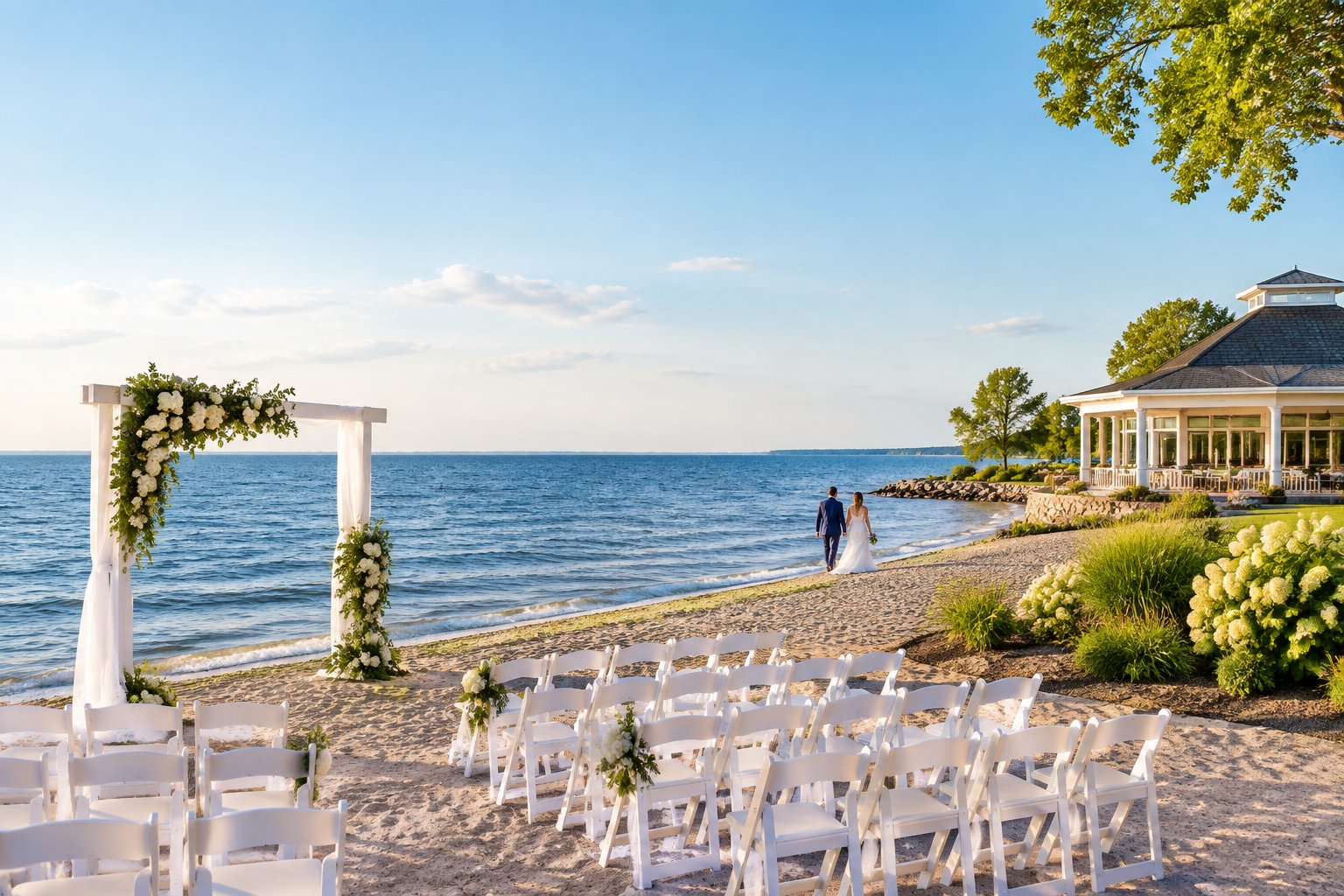 A lakeside wedding ceremony setup with white chairs and a floral arbor overlooking a calm blue lake.