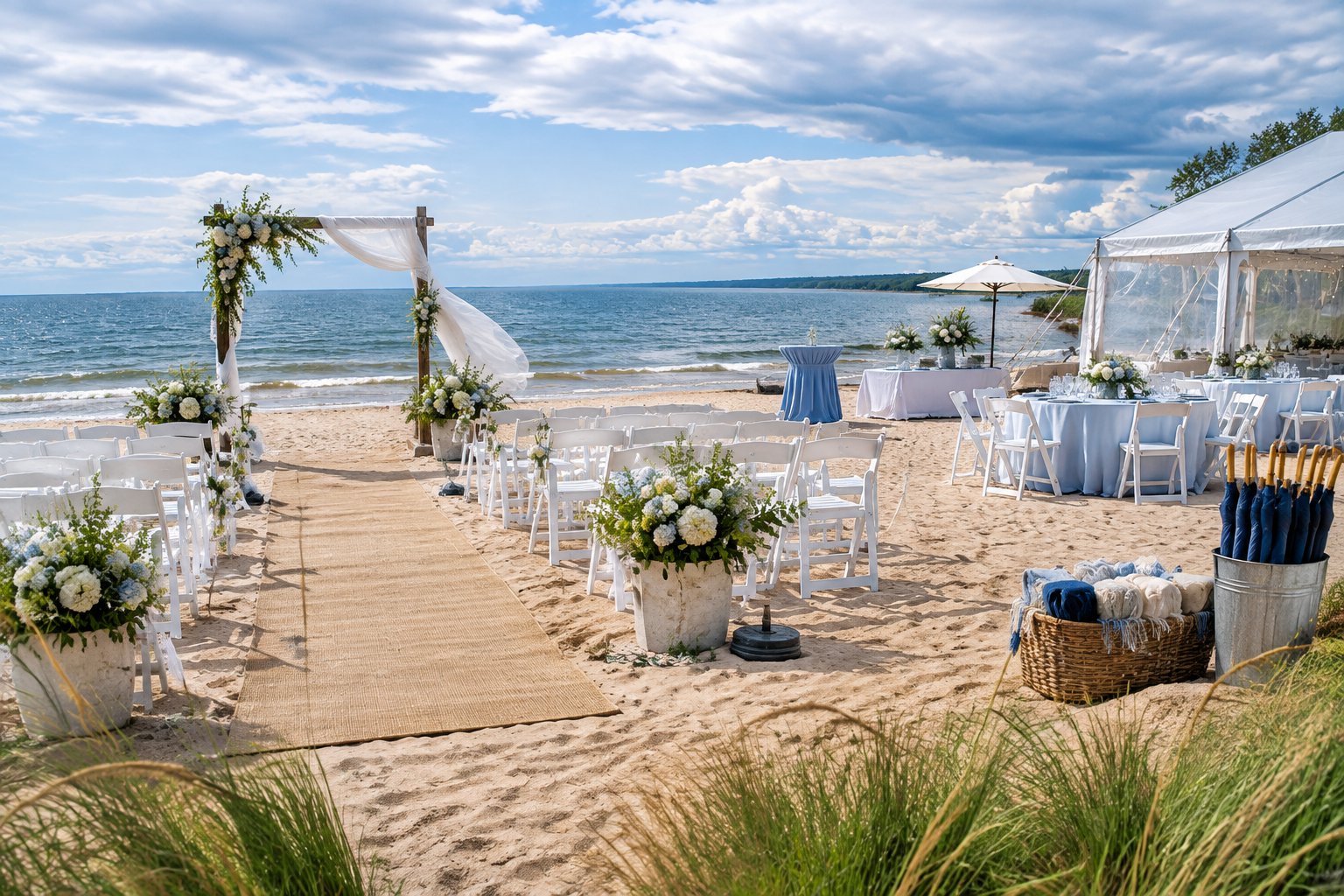 A carefully arranged beach wedding ceremony beside Lake Ontario under partly cloudy skies.