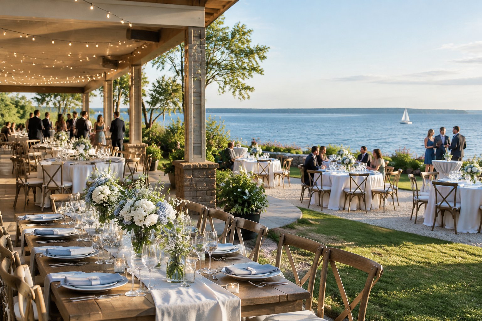 An elegant lakeside wedding reception with decorated tables beside calm blue water.