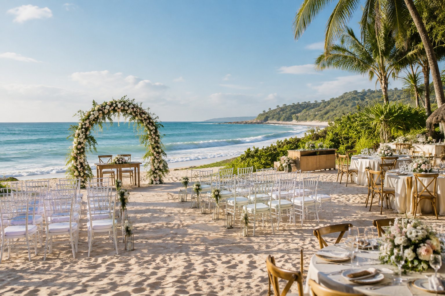 An elegant wedding ceremony setup on a sandy tropical beach beside turquoise ocean water and lush coastal greenery.