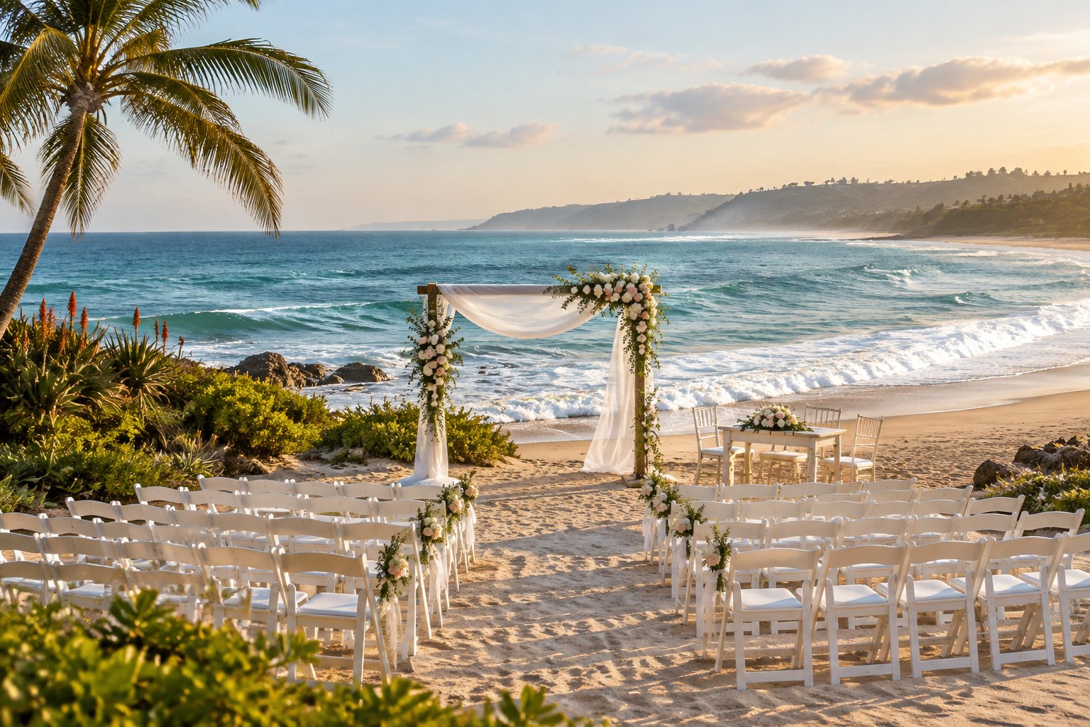 An elegant wedding ceremony setup on a sunny beach with white chairs, a floral arch, tropical greenery, and the ocean in the background.