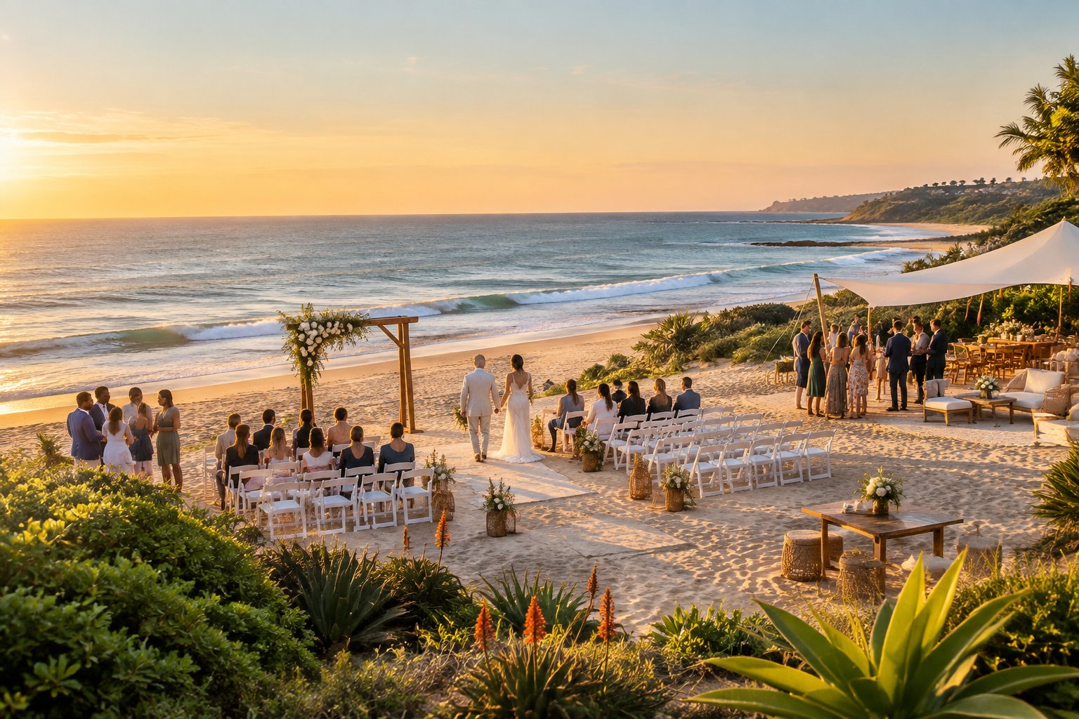 An elegant beach wedding ceremony overlooking the ocean on a subtropical coastline.