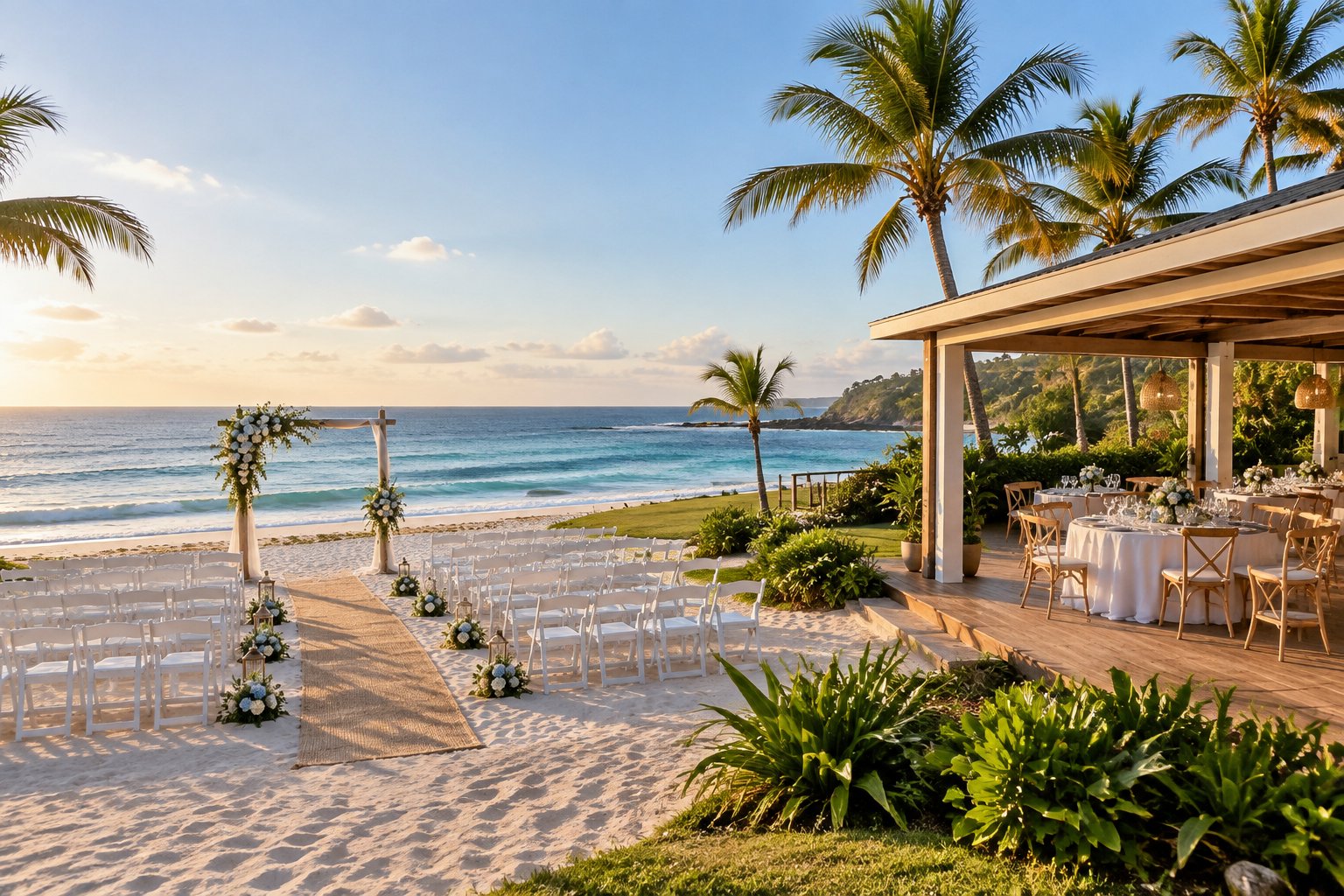 A beach wedding ceremony area and decorated reception space beside the ocean on South Africa’s North Coast.
