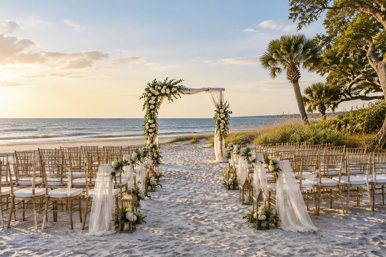 A decorated beach wedding ceremony setup overlooking the ocean on Hilton Head Island.