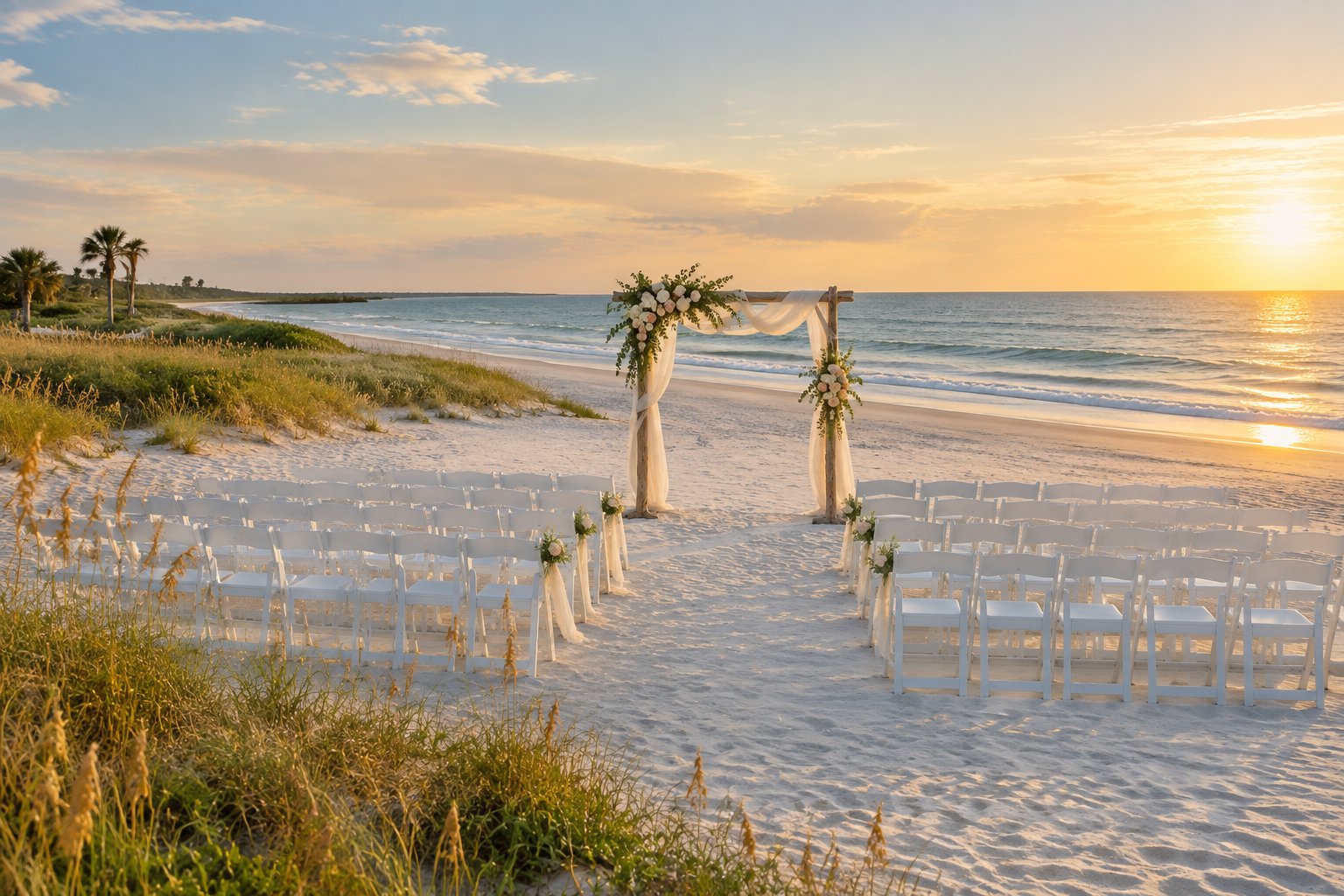 Elegant beach wedding ceremony setup on a sandy Hilton Head shoreline with white chairs, a floral arch, ocean waves, and coastal grasses.