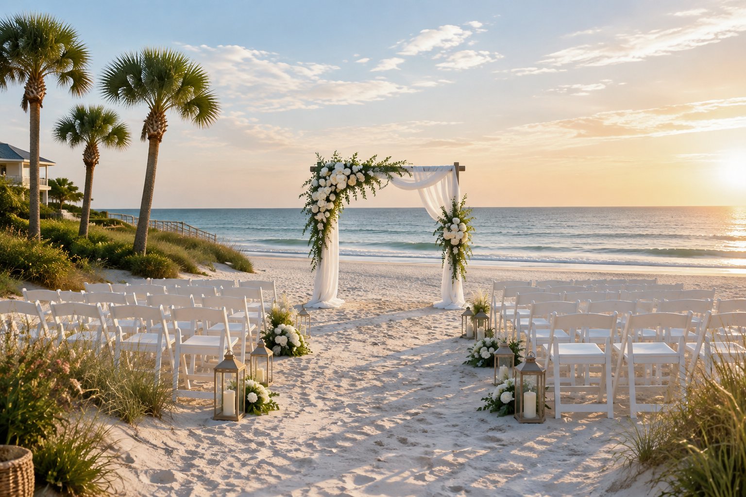 An elegant wedding ceremony setup on a sandy Hilton Head beach beside a luxury resort.