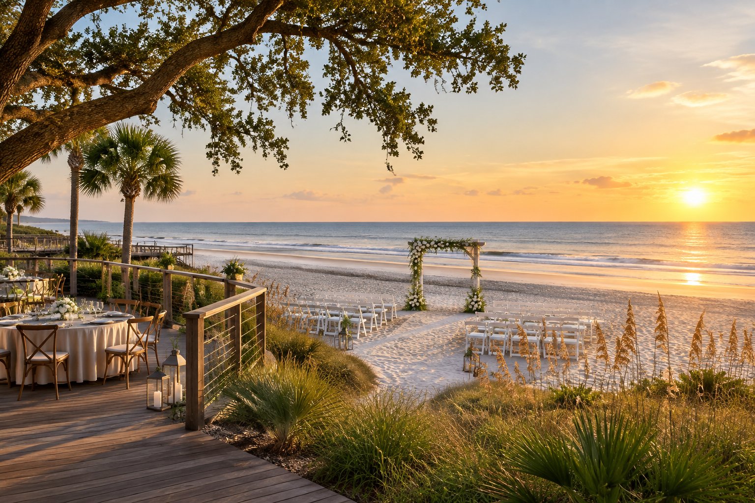 Elegant beach wedding setup beside the ocean on a sandy Hilton Head shoreline with a floral arch, white chairs, and Lowcountry vegetation.