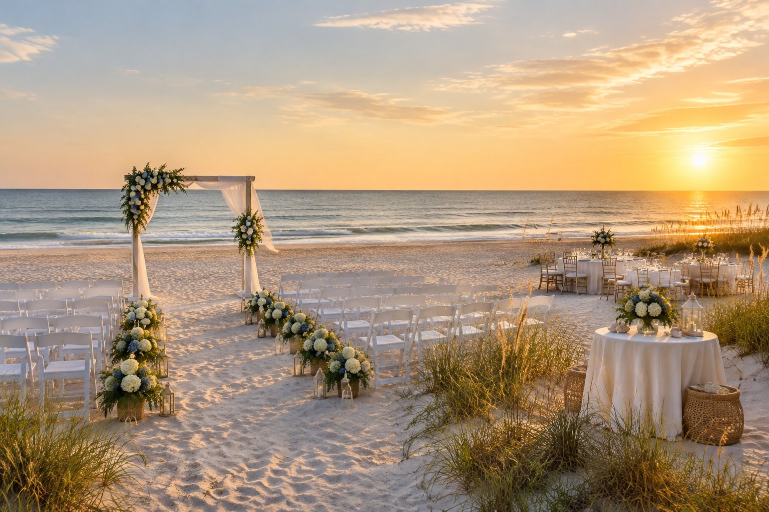 Elegant wedding ceremony setup on a sandy beach overlooking the ocean.