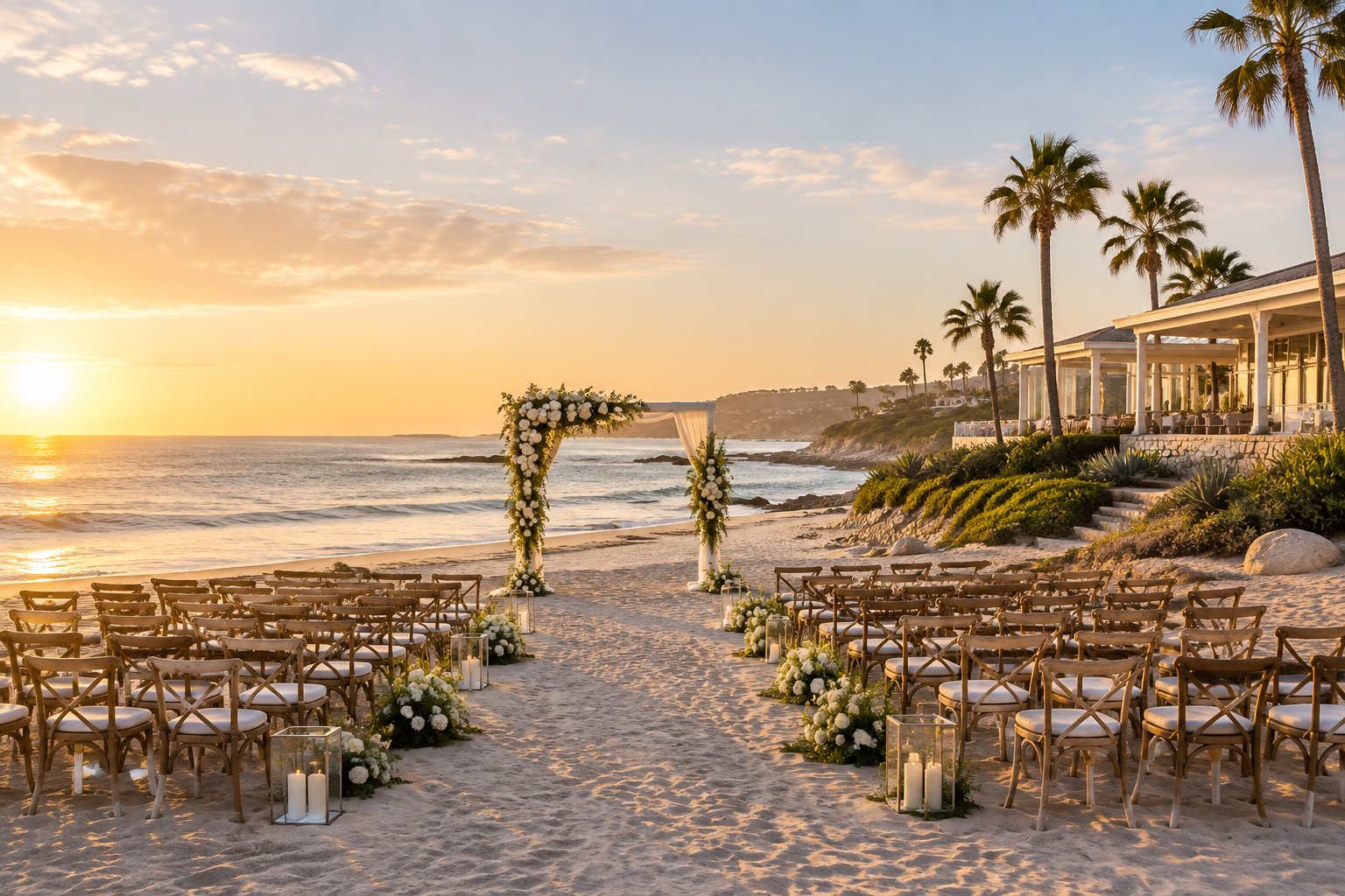An elegant wedding ceremony setup on a sandy Southern California beach overlooking the ocean.