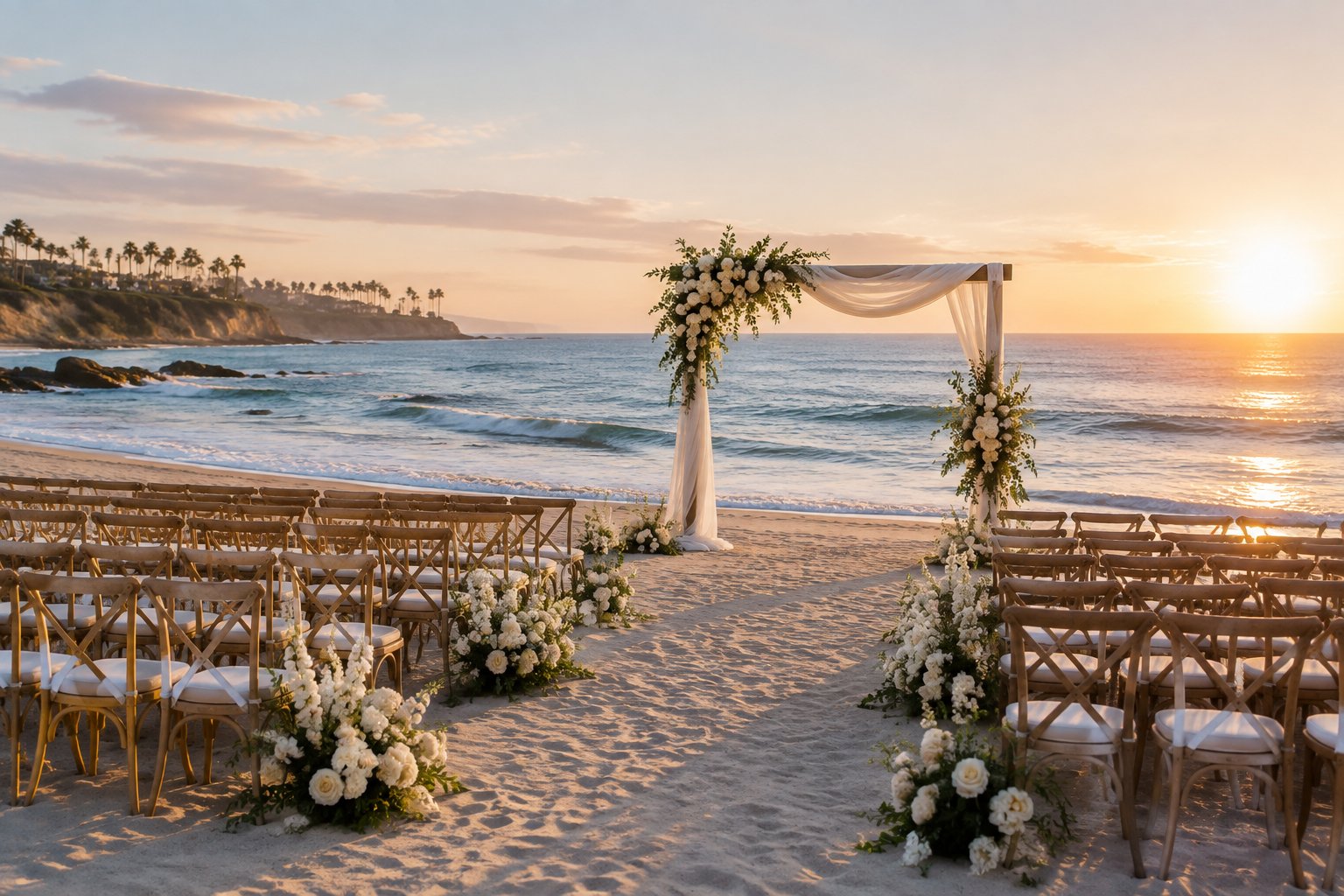An elegant wedding ceremony setup on a sandy Southern California beach overlooking the ocean.