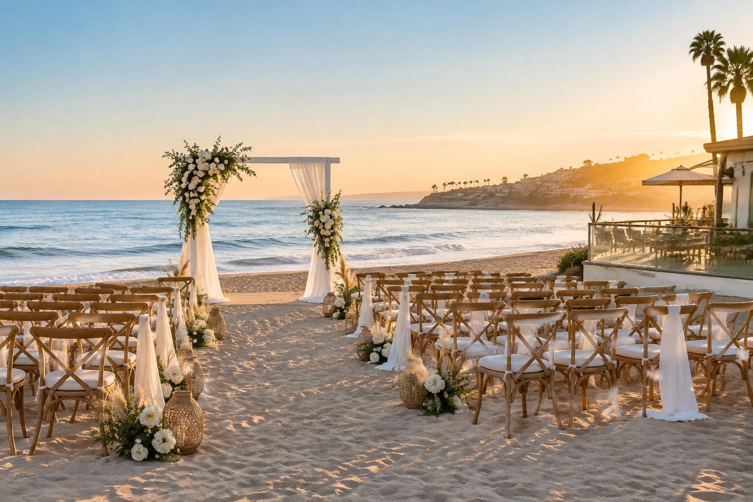 An elegant wedding ceremony setup on a sandy Southern California beach with a floral arch, white chairs, and ocean waves in the background.