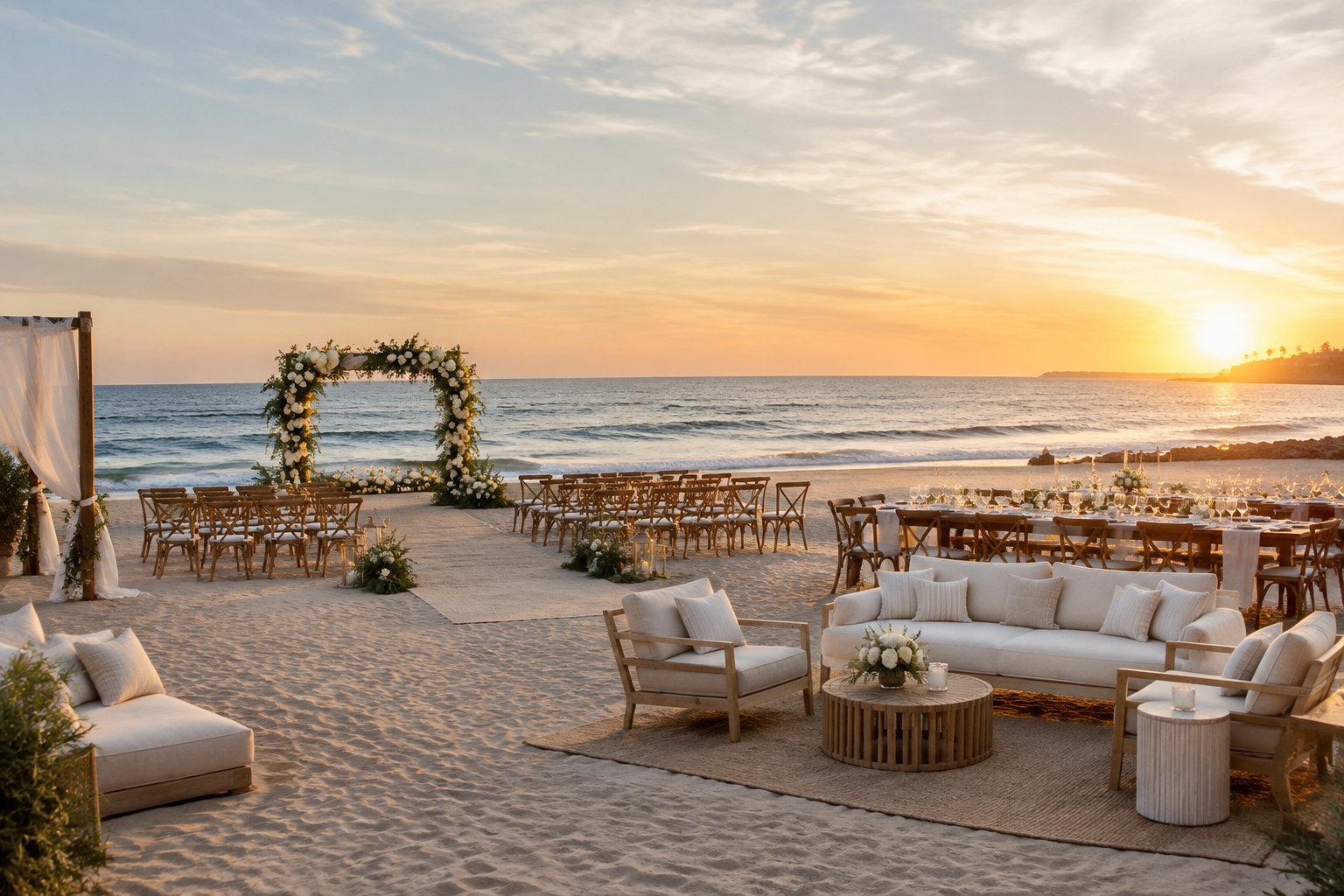 A decorated wedding ceremony and reception area on a sandy beach beside the ocean.
