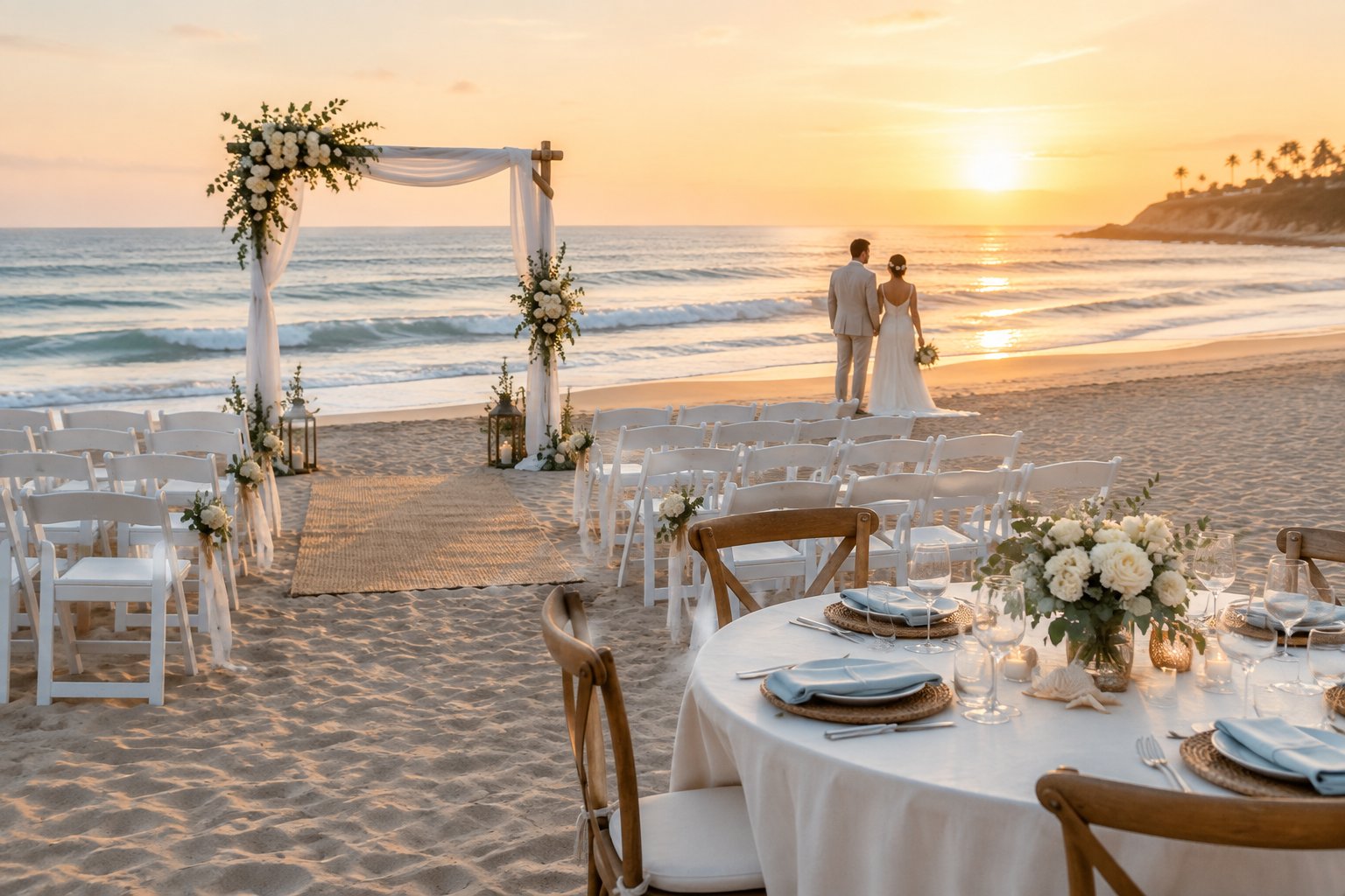 A couple stands beside a simple wedding ceremony setup on a sandy Southern California beach at sunset.
