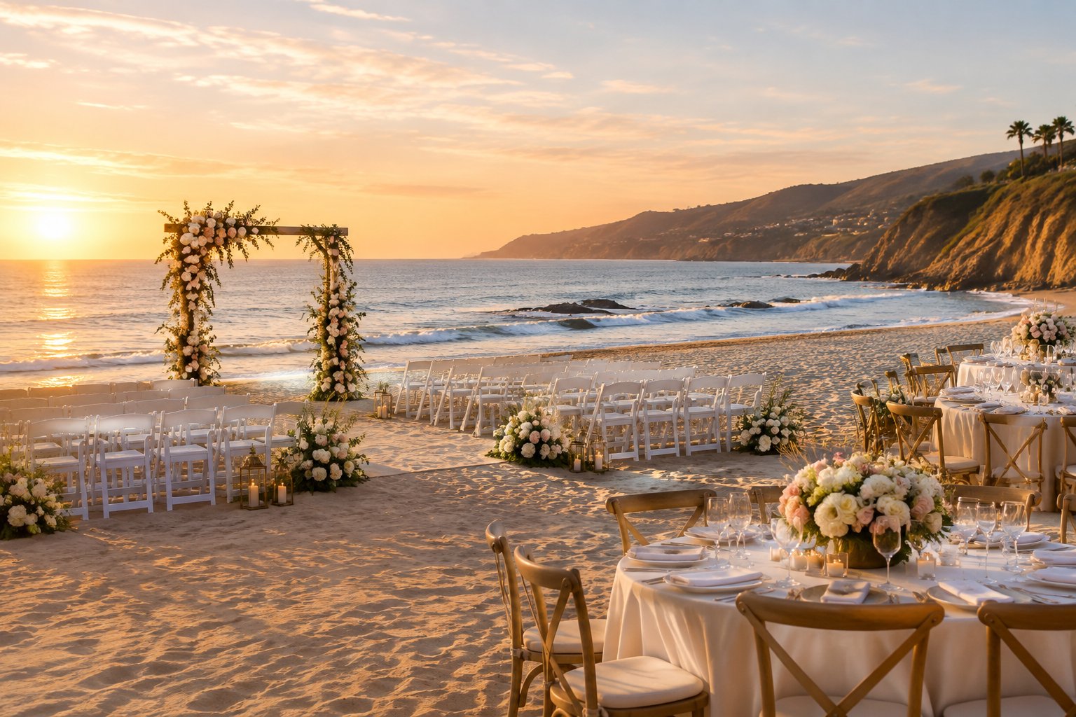 An elegant wedding ceremony setup on a sandy Malibu beach with white chairs, floral decorations, and the ocean in the background.
