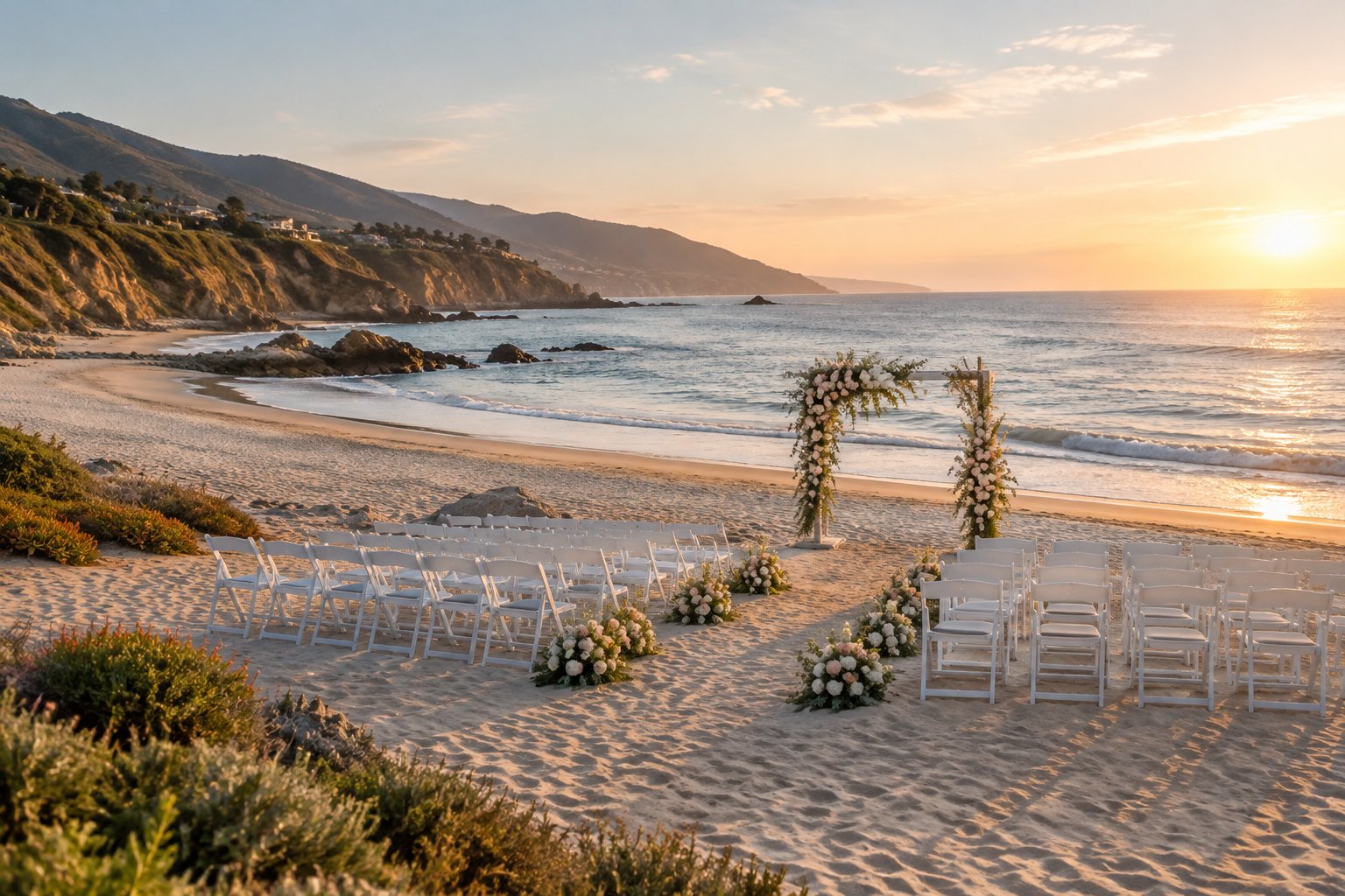 A decorated wedding ceremony setup on a sandy Malibu beach with ocean views and coastal cliffs.