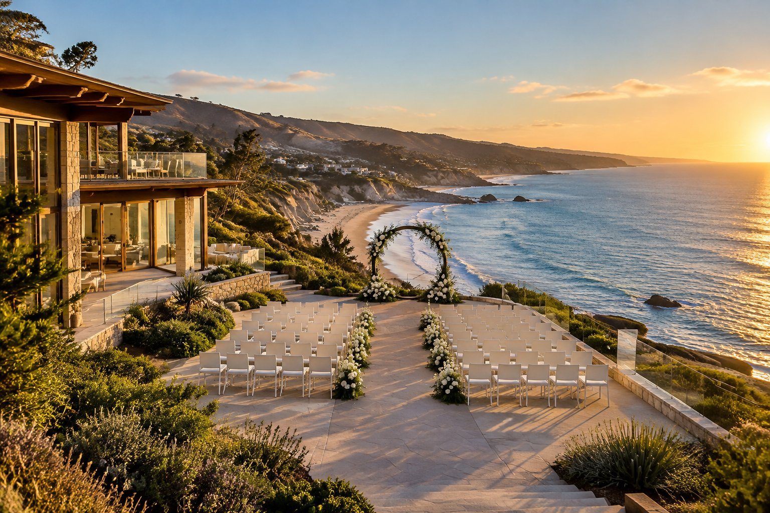 Elegant oceanfront wedding venue overlooking a Malibu beach with white ceremony chairs, flowers, cliffs, and the Pacific Ocean.