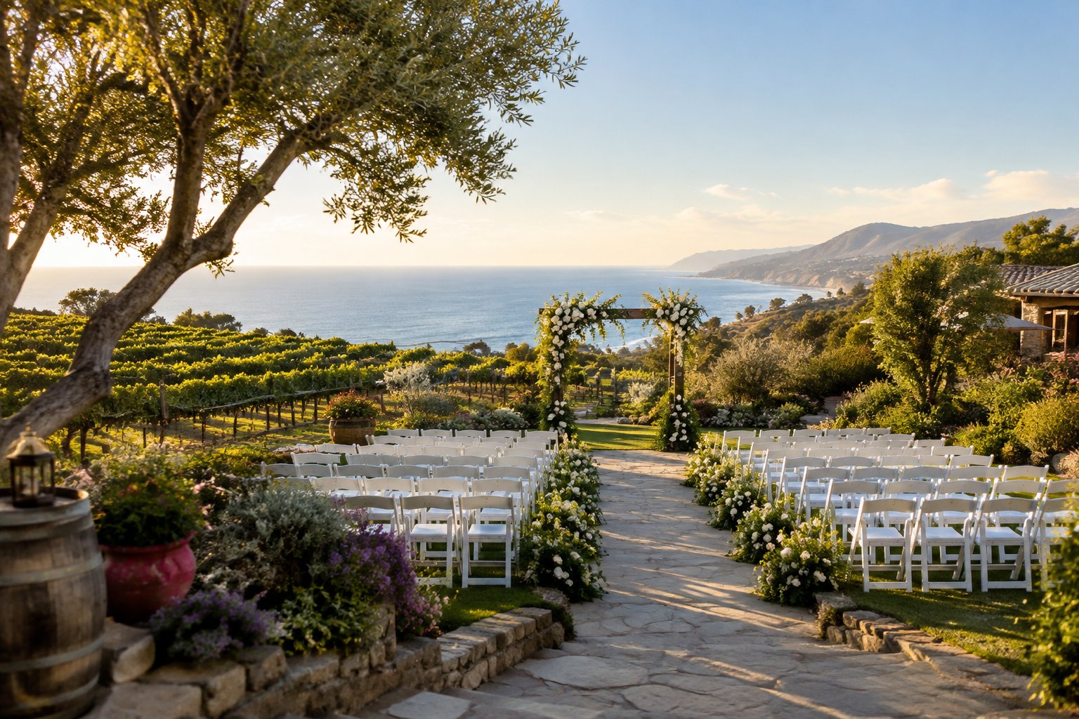 An elegant outdoor wedding setup at a Malibu coastal estate surrounded by vineyards, ranch landscaping, and a lush garden.