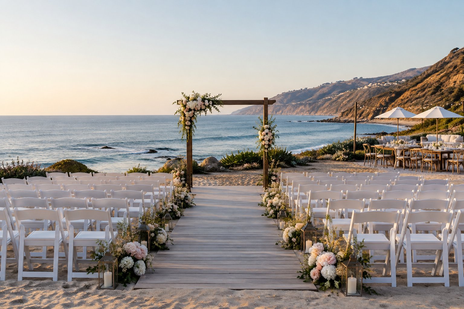 Elegant wedding ceremony setup on a Malibu beach with white chairs, floral decorations, ocean, and coastal cliffs.