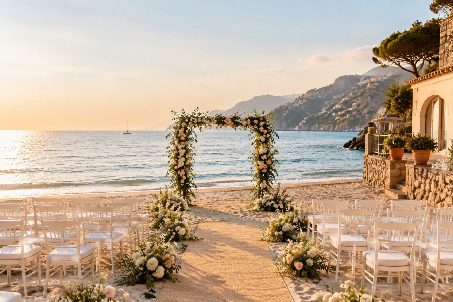 An elegant wedding ceremony setup on an Italian beach with floral decorations, white chairs, and the Mediterranean Sea in the background.