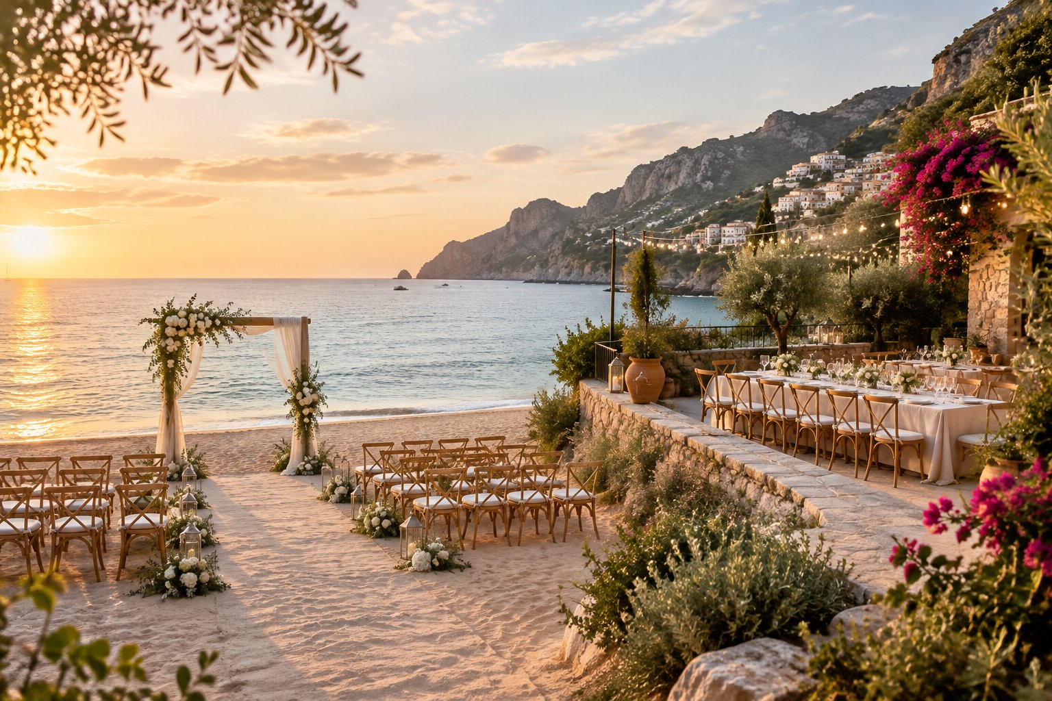 Elegant Italian beach wedding ceremony and sea-view reception overlooking the Mediterranean.